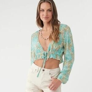 O’Neill Women's Alena Tie-Front Woven Blouse Long Sleeve Green/Blue Size M